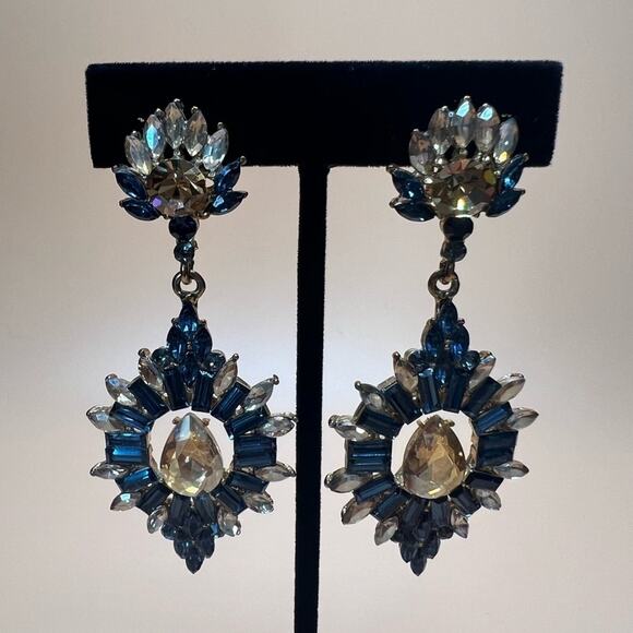 RHINESTONE DANGLE FORMAL ELEGANT CLIP ON EARRINGS WOMENS NAVY BLUE - Picture 3 of 4